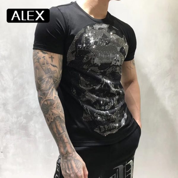 100% cotton men tshirt maker skull strysal rhinestones funny streetwear crew neck short sleeve homme men clothing summer - Image 2