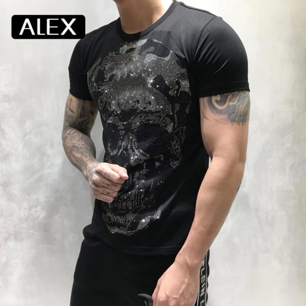 100% cotton men tshirt maker skull strysal rhinestones funny streetwear crew neck short sleeve homme men clothing summer - Image 3