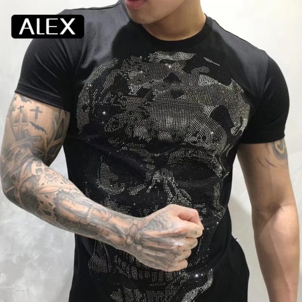 100% cotton men tshirt maker skull strysal rhinestones funny streetwear crew neck short sleeve homme men clothing summer - Image 4