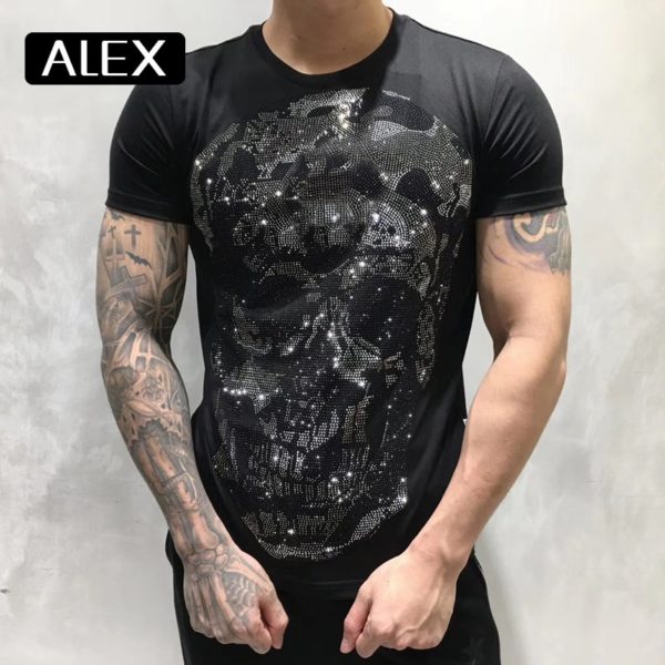 100% cotton men tshirt maker skull strysal rhinestones funny streetwear crew neck short sleeve homme men clothing summer