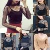 2020 Fashion Brand New Hot Women Sexy Long Sleeve See Through Mesh Fishnet Casual Top Tee Shirt Sheer Black Lace Star Dots - Image 2