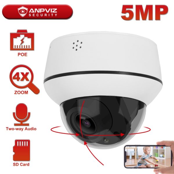 Anpviz 2MP/5MP IP POE PTZ Camera Dome 4X Zoom Outdoor Security IP Camera Two-Way Audio Built-in Mic and Speaker 30m Onvif IP66