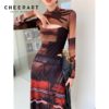 CHEERART 2 Piece Mesh Long Sleeve Punk Dress Women Turtleneck Long Midi Bodycon Ladies Dress Runway Fashion Designer Clothes