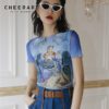 CHEERART Mesh Crop Tops T Shirt Graphic Tees Women Summer Top Blue Printed Tshirt Short Sleeve Tight Top High Fashion Designer