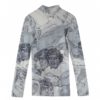 CHEERART Turtleneck Mesh Blouse Women Renaissance Print Long Sleeve See Through Top Ladies Sheer Designer Top Clothing - Image 2