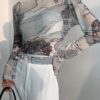 CHEERART Turtleneck Mesh Blouse Women Renaissance Print Long Sleeve See Through Top Ladies Sheer Designer Top Clothing - Image 3