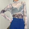 CHEERART Turtleneck Mesh Blouse Women Renaissance Print Long Sleeve See Through Top Ladies Sheer Designer Top Clothing - Image 4