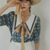CHEERART Vintage Blouse Summer Top Blue Collar Shirt Women Loose Blouse Big Collar Designer Ladies Tie Top Korean Fashion 2020 - Image 2