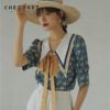 CHEERART Vintage Blouse Summer Top Blue Collar Shirt Women Loose Blouse Big Collar Designer Ladies Tie Top Korean Fashion 2020