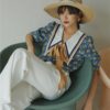 CHEERART Vintage Blouse Summer Top Blue Collar Shirt Women Loose Blouse Big Collar Designer Ladies Tie Top Korean Fashion 2020 - Image 3