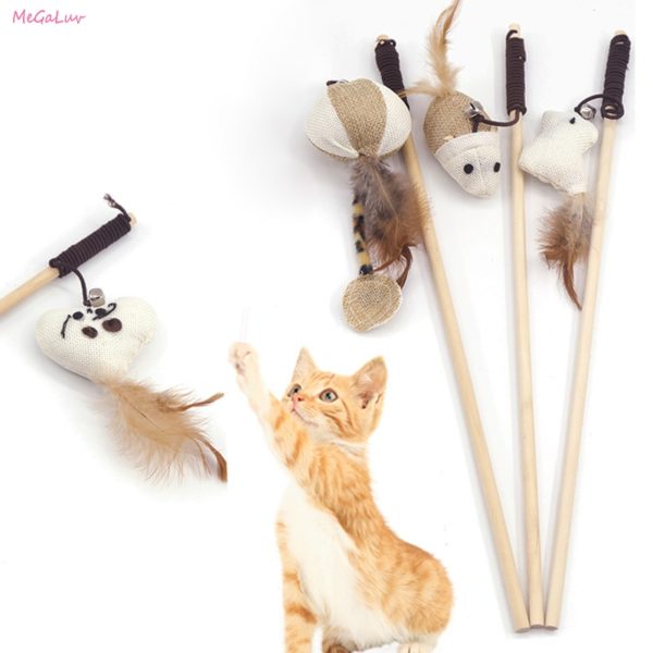 Cartoon Pet Cat Teaser Toys Feather Wood Rod Mouse Toy With Mini Bell Cat Catcher Teaser Wooden Stick Cat Interactive Toys