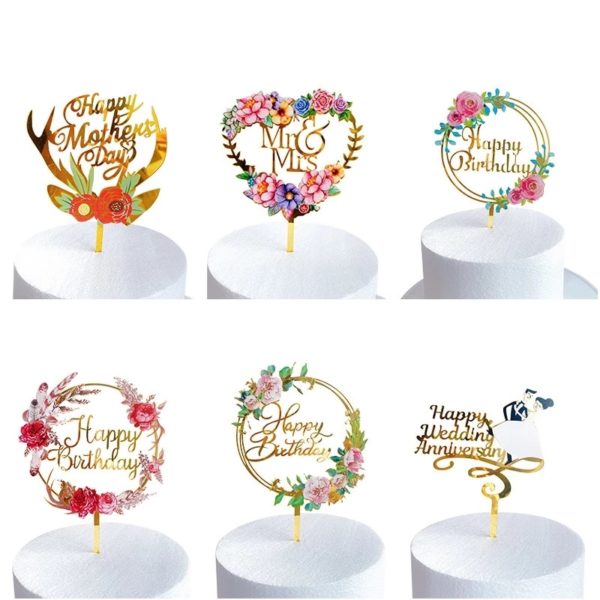 Colored Flowers Acrylic Cake Topper Happy Birthday Cake Toppers Birthday Party Decorations For Baby Shower Baking Supplies - Image 6