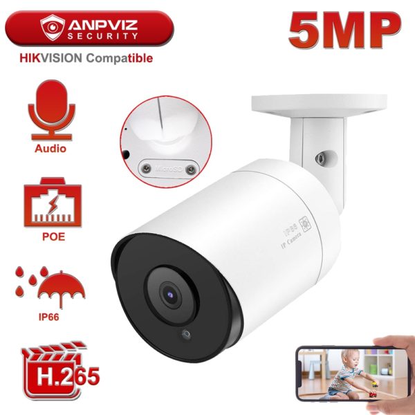 Hikvision Compatible Anpviz 5MP Bullet IP Camera POE Outdoor/Indoor 30m IR Security Camera With Microphone Audio Onvif IP66