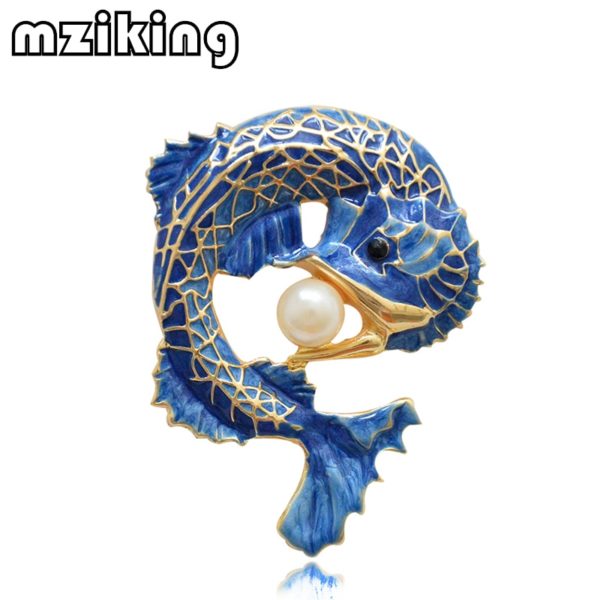 MZC New Blue Fish Brooches Pins for Women Simulated-pearl Brooch Lady Party Accessories Brosche Collar Lapel Pin Female Brosh