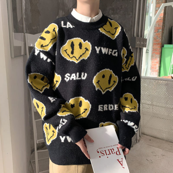 Men's Loose All-match Sweater Trend Printed Letters Cartoon Smiley Face Knitted Pullover Loose Slim Bottoming Tops Autumn Winter - Image 4