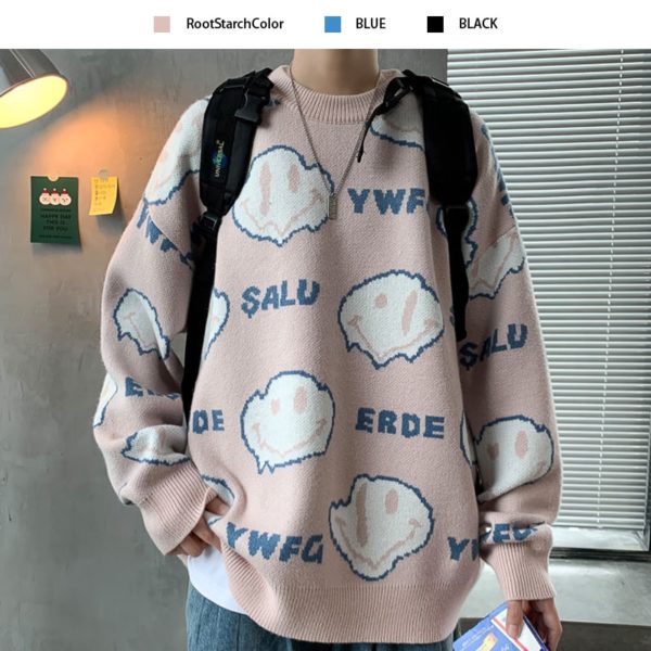 Men's Loose All-match Sweater Trend Printed Letters Cartoon Smiley Face Knitted Pullover Loose Slim Bottoming Tops Autumn Winter