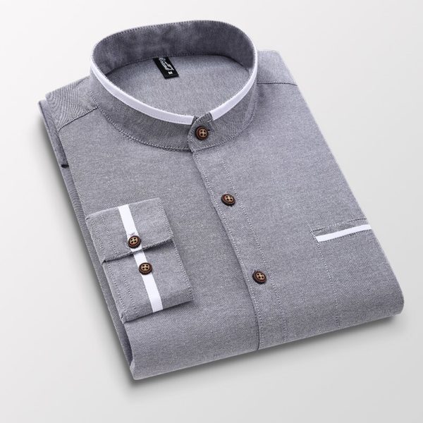 Men's clothing Long Sleeve Regular-fit Button-down Thick Shirts Casual Solid Oxford Dress White Shirt Single Patch Pocket Stand