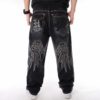 Men street dance hiphop Jeans Fashion embroidery Black Loose board Denim pants Overall Male Rap Hip Hop Jeans Plus Size 30-46