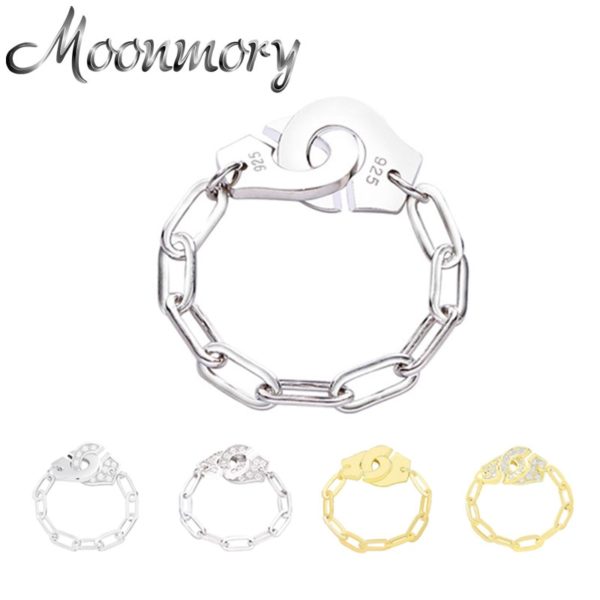 Moonmory Fashion 925 Sterling Silver Handcuff Ring White Paper Clip Chain Menottes Ring Gift For Women And Men Jewelry Dating