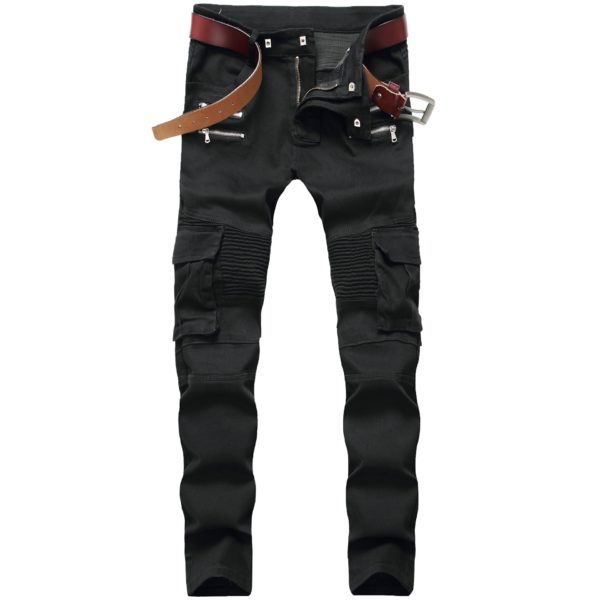 Motorcycle Denim Pants Men's Black Jeans Fashion Stretch Zipper Skinny Jeans Pleated Moto Biker Men Slim Pants Hot Selling - Image 5