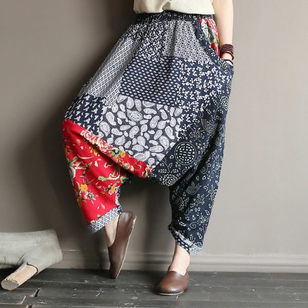 Original folk style women's retro stitching old cotton and linen material shift pants women loose large size baggy pants - Image 2