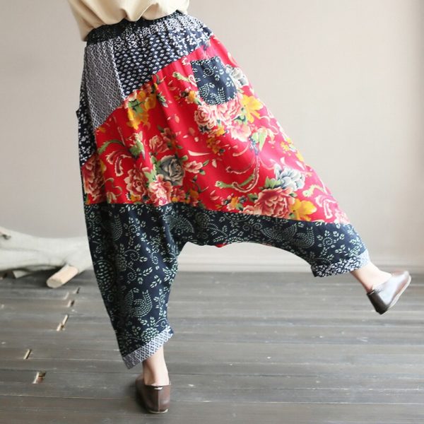 Original folk style women's retro stitching old cotton and linen material shift pants women loose large size baggy pants - Image 3