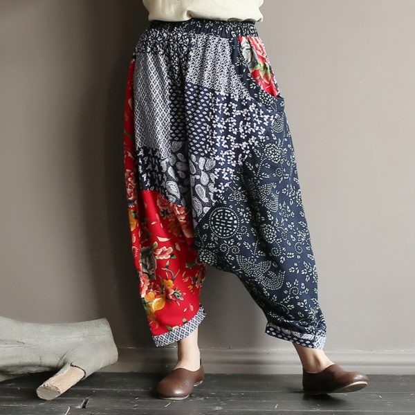 Original folk style women's retro stitching old cotton and linen material shift pants women loose large size baggy pants