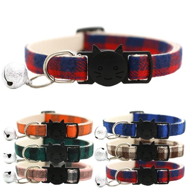 Pet Cat Collar Safety Buckle Plaid Cat Collar with Bell Adjustable Suitable Kitten Puppy Accessories Supplies Cat Buckle Collar