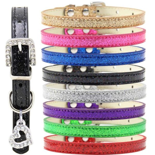 Pet Dog Cat Collar Bling Love Heart Crystal Pendants Necklace Safety Soft Leather Kitten Puppy Neck Strap Animal Accessories