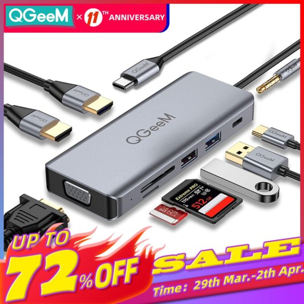 QGeeM USB C Hub for Macbook Pro Air Dual HDMI VGA Micro SD Card Readers Aux PD OTG Multi USB Hub 3.0 Type C Adapter for Notebook