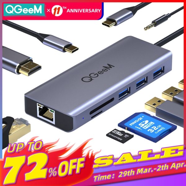 QGeeM USB C Hub for Macbook Pro Air HDMI VGA Micro SD Card Readers RJ45 Aux PD OTG Multi USB Hub Type C 3.0 Adapter for Notebook