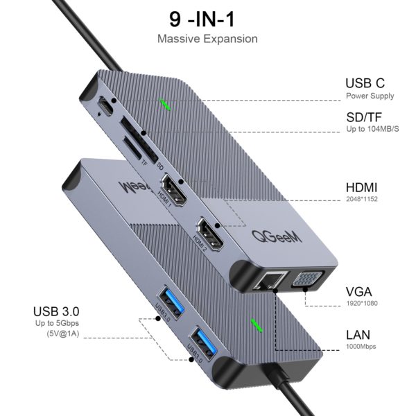 QGeeM USB Hub 3.0 Docking Station Triple Display Dual HDMI VGA USB Adapter Splitter for Xiaomi Laptops USB C Hub PC Accessories - Image 3