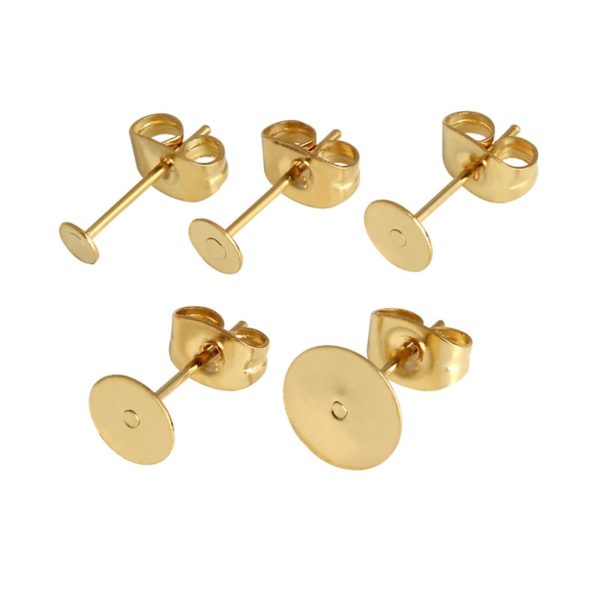 Real Gold Plated Stainless Steel Blank Post Earring Studs Base Pins With Earring Plug Findings Ear Back For DIY Jewelry Making