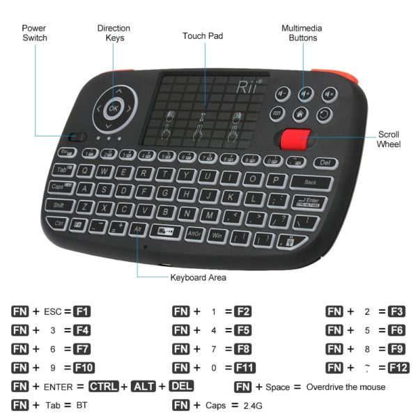 Rii i4 Mini Bluetooth Keyboard 2.4GHz Dual Modes Handheld Fingerboard Backlit Mouse Touchpad Remote Control for Windows Android - Image 2