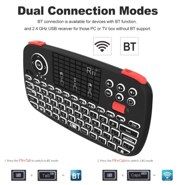 Rii i4 Mini Bluetooth Keyboard 2.4GHz Dual Modes Handheld Fingerboard Backlit Mouse Touchpad Remote Control for Windows Android - Image 3