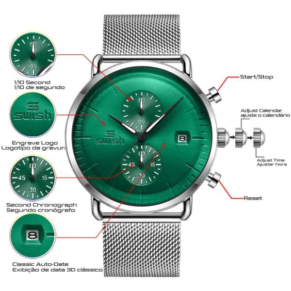 SWISH New Fashion Green Mens Watches Top Brand Luxury Waterproof Sports Chronograph Quartz Watch Men Silver Relogio Masculino - Image 2