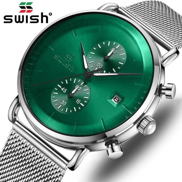 SWISH New Fashion Green Mens Watches Top Brand Luxury Waterproof Sports Chronograph Quartz Watch Men Silver Relogio Masculino