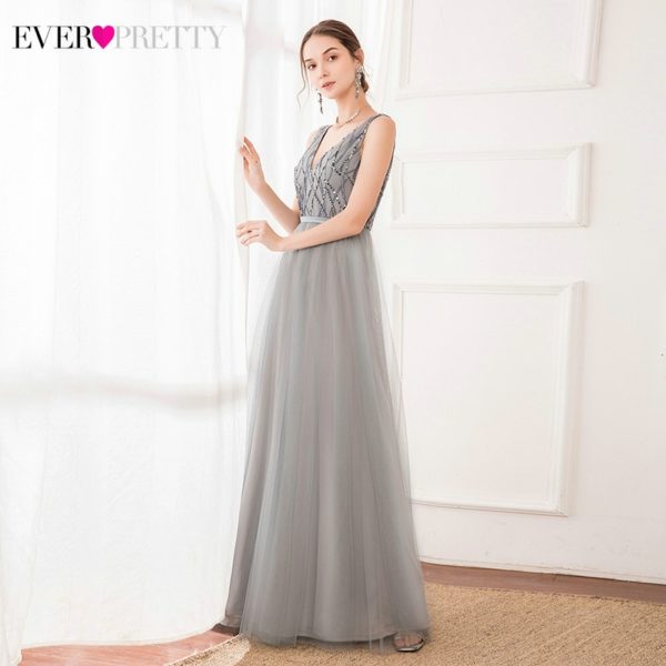 Sequined Grey Evening Dresses Ever Pretty EP00717GY A-Line Double V-Neck Sleeveless Tulle Elegant Party Gowns Vestido Longo 2020 - Image 3