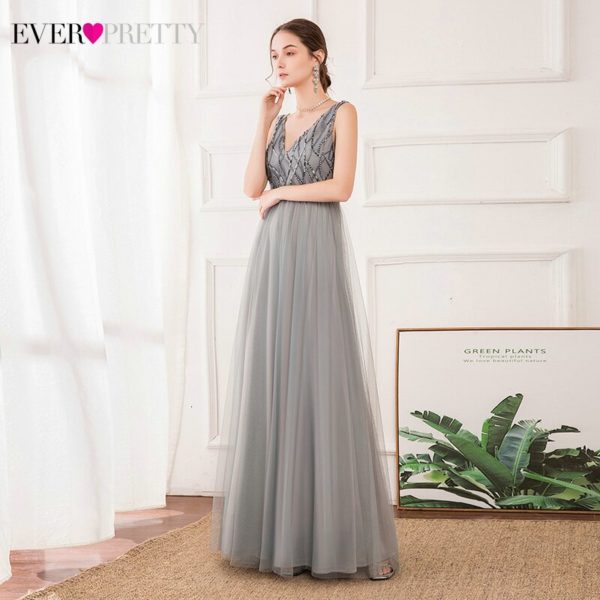 Sequined Grey Evening Dresses Ever Pretty EP00717GY A-Line Double V-Neck Sleeveless Tulle Elegant Party Gowns Vestido Longo 2020 - Image 4