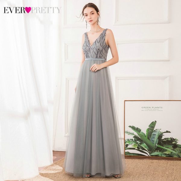 Sequined Grey Evening Dresses Ever Pretty EP00717GY A-Line Double V-Neck Sleeveless Tulle Elegant Party Gowns Vestido Longo 2020