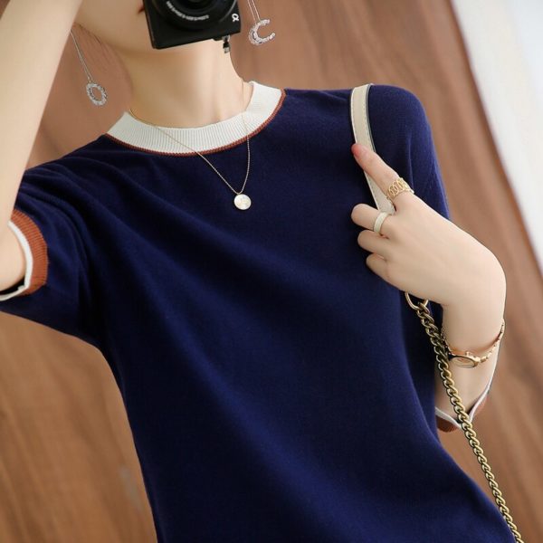 Sweater women 2021 new pure cotton knitwear casual round neck sweater short sleeve stitching Women's tops plus size pullover tee - Image 2