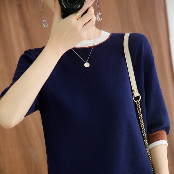 Sweater women 2021 new pure cotton knitwear casual round neck sweater short sleeve stitching Women's tops plus size pullover tee - Image 3