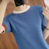 Sweater women 2021 new pure cotton knitwear casual round neck sweater short sleeve stitching Women's tops plus size pullover tee - Image 4