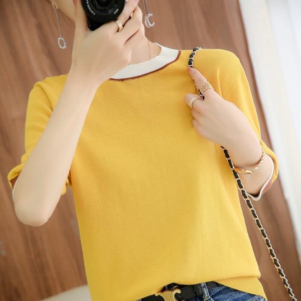 Sweater women 2021 new pure cotton knitwear casual round neck sweater short sleeve stitching Women's tops plus size pullover tee - Image 5