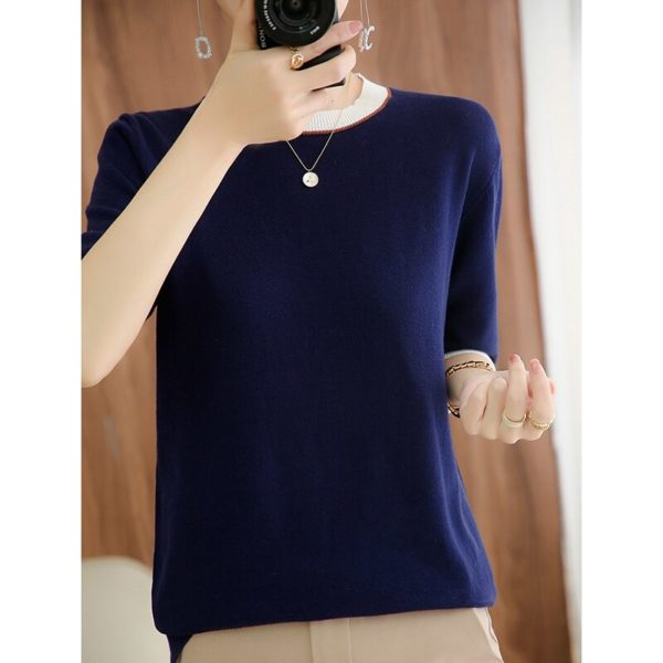 Sweater women 2021 new pure cotton knitwear casual round neck sweater short sleeve stitching Women's tops plus size pullover tee