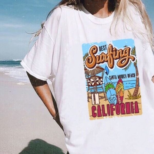 Vacation Beach T Shirt Summer White Tee The Best Surfing Women's Retro Style T Shirt Casual Oversized Tee - Image 2