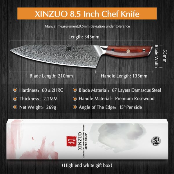 XINZUO 8.5 inches Chef Knife Japanese VG10 Damascus Kitchen Knives Stainless Steel Slicing Meat Cooking Knife Rosewood Handle - Image 2