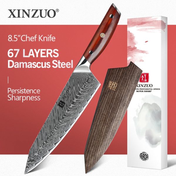 XINZUO 8.5 inches Chef Knife Japanese VG10 Damascus Kitchen Knives Stainless Steel Slicing Meat Cooking Knife Rosewood Handle