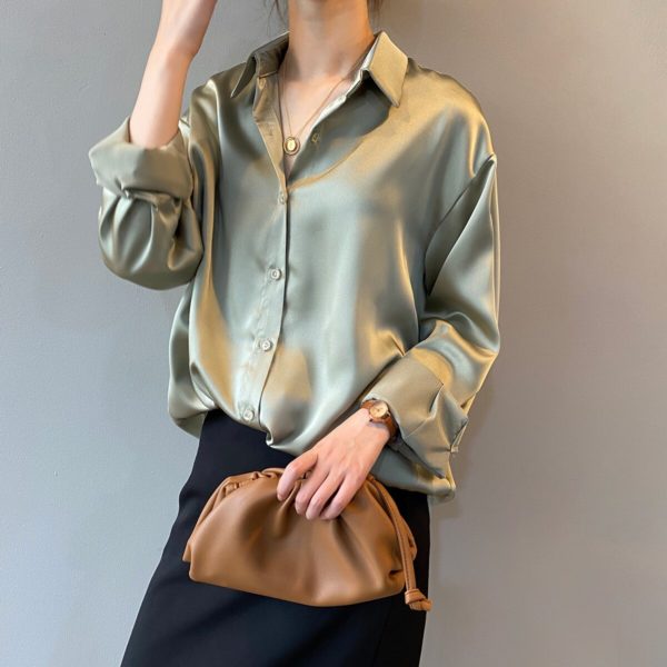 Yeeloca Spring Fashion Stain Silk Shirt Female Solid Color Office Lady Long Sleeve Blouse Korean Temperament Loose Shirt - Image 2