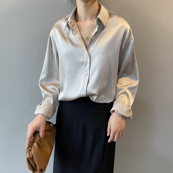 Yeeloca Spring Fashion Stain Silk Shirt Female Solid Color Office Lady Long Sleeve Blouse Korean Temperament Loose Shirt - Image 3